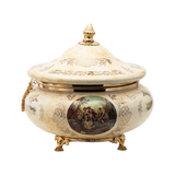 Limoge Rostema Bonbonniere with Cover & Gold Plated Legs -Romeo & Juliet -Beige & Gold -20x22 cm